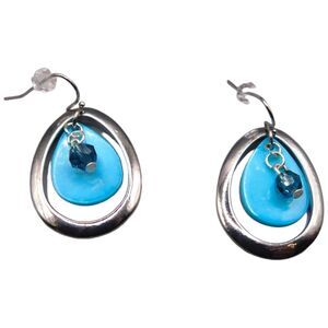 Elegant Sky Blue Teardrop Dangle Earrings Silver Tone Pierced French Wire